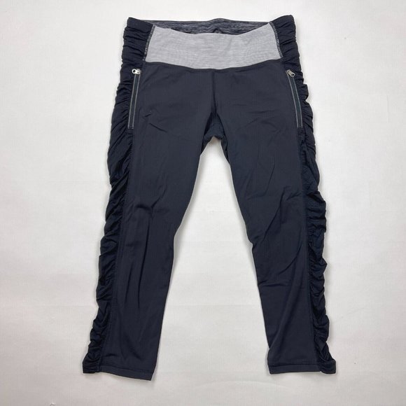 Lululemon Crop Leggings Pocket Mesh Details Draw cord Gym Yoga Run Black Women 6 - Picture 1 of 7
